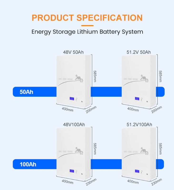 دیواری خورشیدی نصب شده 5kw 10kw LiFePO4 باتری لیتیوم یون 48V 50AH 100AH 150AH 200AH Energy Storage Powerwall